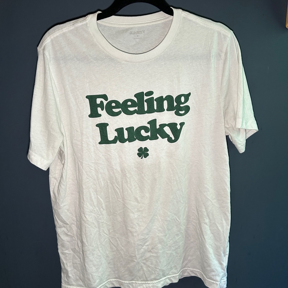 Old Navy White Tee with Green "Feeling Lucky" Graphic